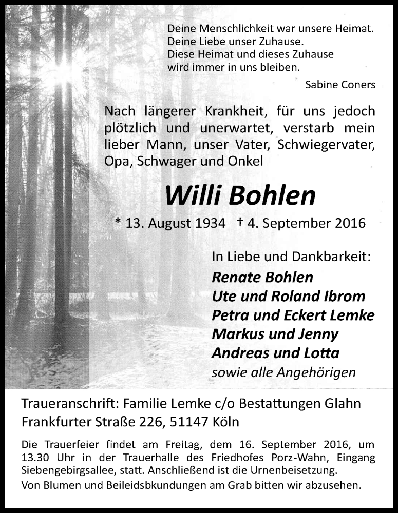  Traueranzeige für Willi Bohlen vom 09.09.2016 aus Kölner Stadt-Anzeiger / Kölnische Rundschau / Express