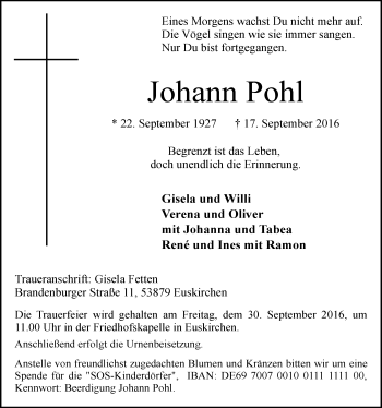 Anzeige von Johann Pohl von  Blickpunkt Euskirchen 
