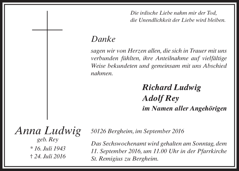  Traueranzeige für Anna Ludwig vom 03.09.2016 aus  Sonntags-Post 