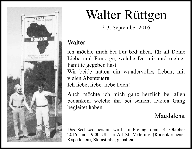  Traueranzeige für Walter Rüttgen vom 01.10.2016 aus Kölner Stadt-Anzeiger / Kölnische Rundschau / Express