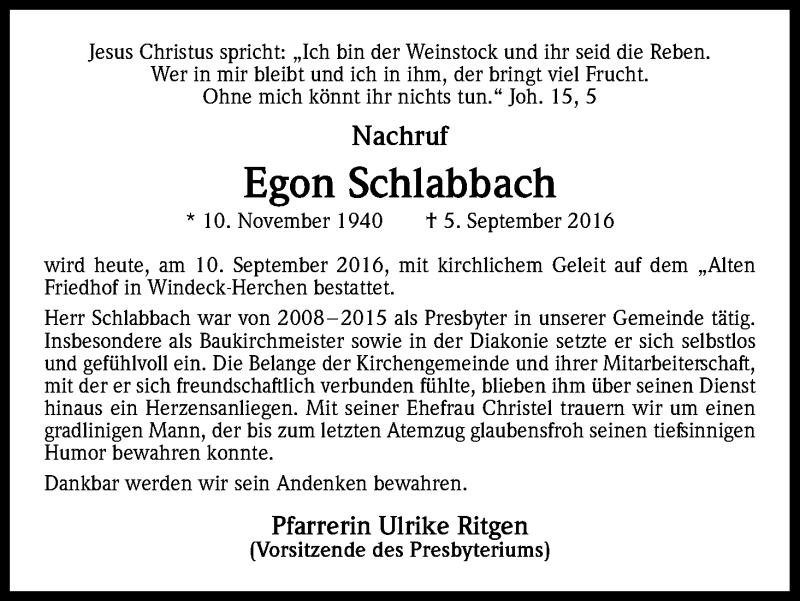  Traueranzeige für Egon Schlabbach vom 10.09.2016 aus Kölner Stadt-Anzeiger / Kölnische Rundschau / Express