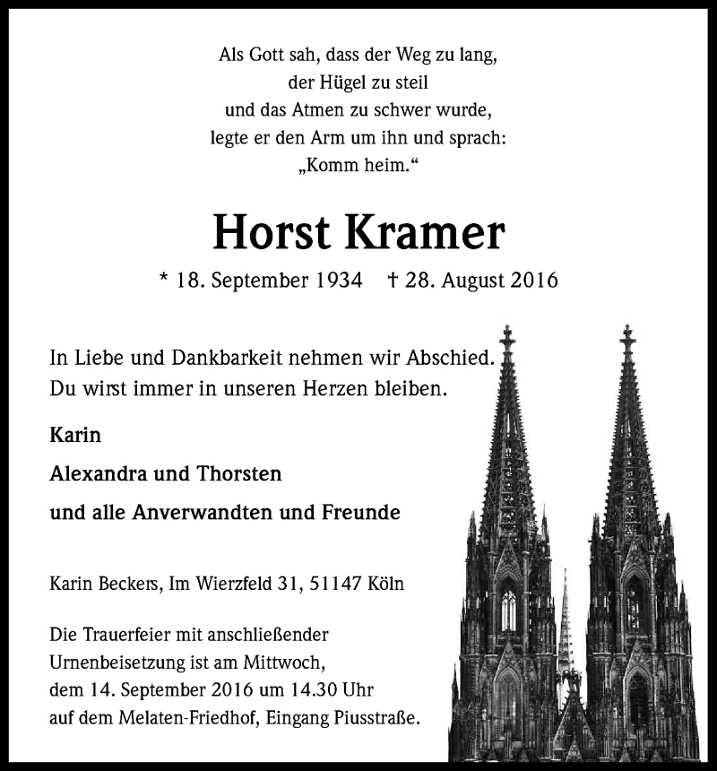  Traueranzeige für Horst Kramer vom 10.09.2016 aus Kölner Stadt-Anzeiger / Kölnische Rundschau / Express