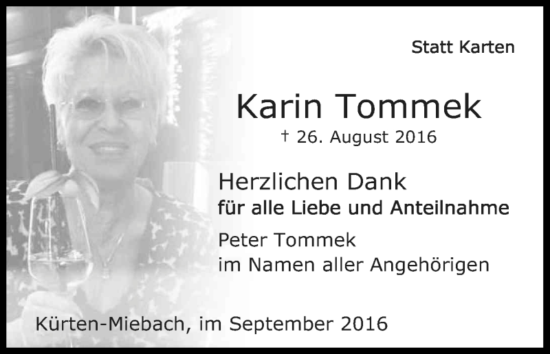  Traueranzeige für Karin Tommek vom 24.09.2016 aus Kölner Stadt-Anzeiger / Kölnische Rundschau / Express