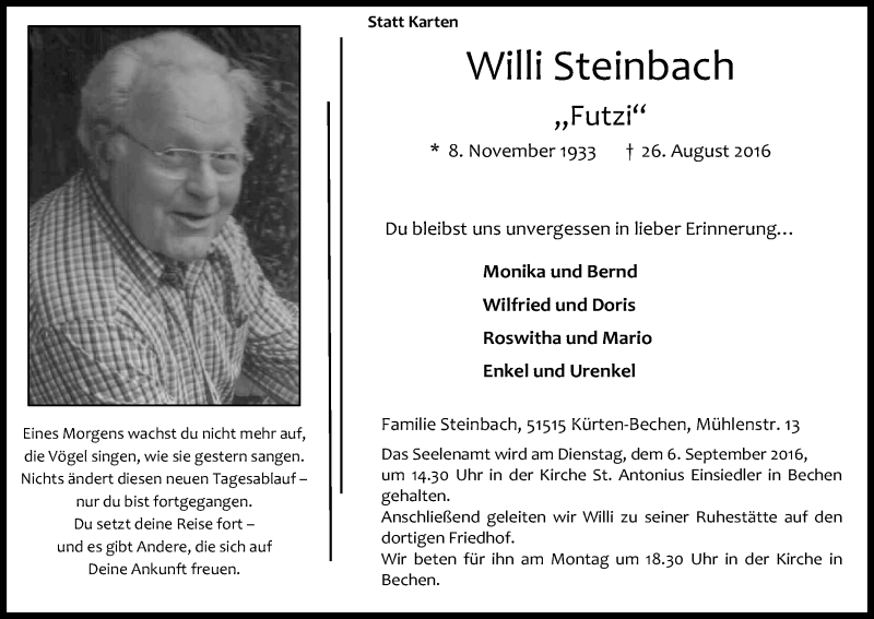  Traueranzeige für Willi Steinbach vom 02.09.2016 aus Kölner Stadt-Anzeiger / Kölnische Rundschau / Express
