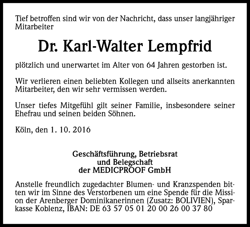  Traueranzeige für Karl-Walter Lempfrid vom 01.10.2016 aus Kölner Stadt-Anzeiger / Kölnische Rundschau / Express