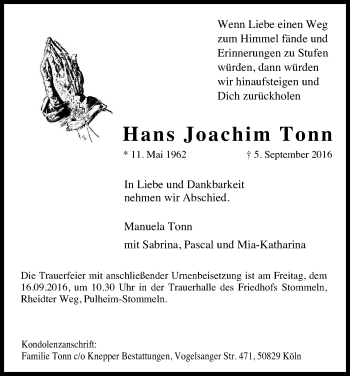 Anzeige von Hans Joachim Tonn von Kölner Stadt-Anzeiger / Kölnische Rundschau / Express