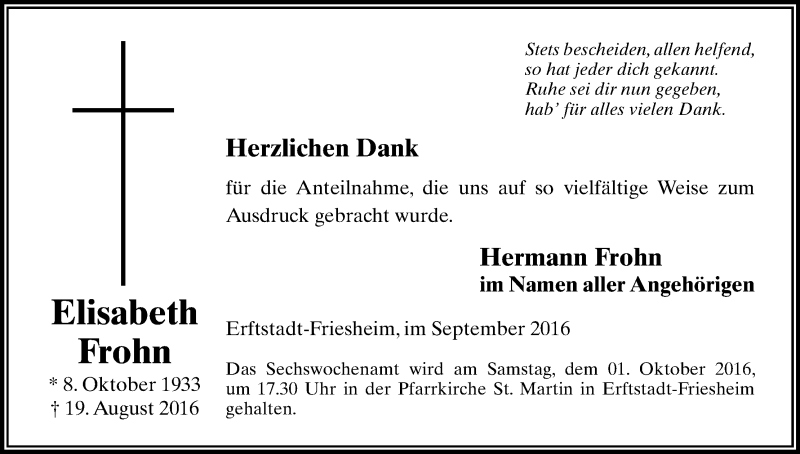 Traueranzeige für Elisabeth Frohn vom 21.09.2016 aus Kölner Stadt-Anzeiger / Kölnische Rundschau / Express