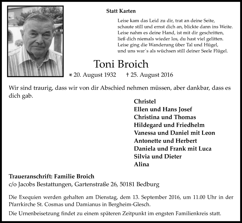  Traueranzeige für Toni Broich vom 07.09.2016 aus Kölner Stadt-Anzeiger / Kölnische Rundschau / Express
