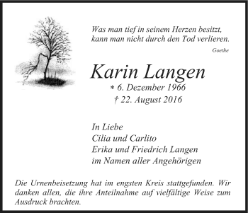 Anzeige von Karin Langen von Kölner Stadt-Anzeiger / Kölnische Rundschau / Express