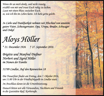 Anzeige von Aloys Höller von Kölner Stadt-Anzeiger / Kölnische Rundschau / Express