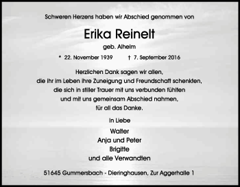 Anzeige von Erika Reinelt von Kölner Stadt-Anzeiger / Kölnische Rundschau / Express