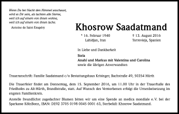 Anzeige von Khosrow Saadatmand von Kölner Stadt-Anzeiger / Kölnische Rundschau / Express