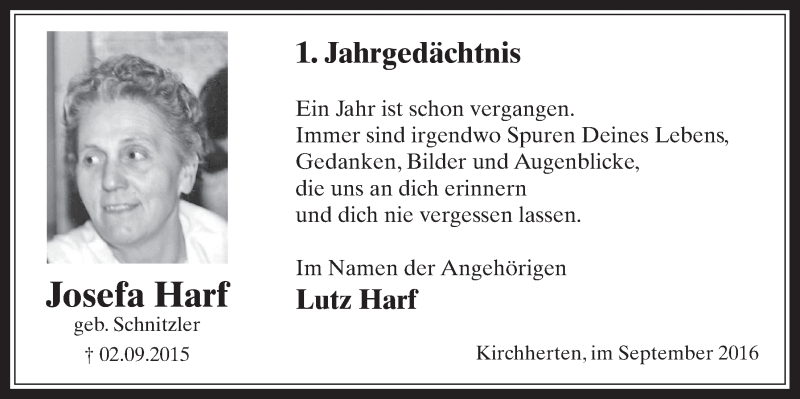  Traueranzeige für Josefa Harf vom 03.09.2016 aus  Sonntags-Post 