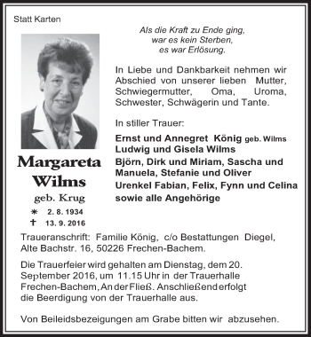 Anzeige von Margareta Wilms von  Sonntags-Post 