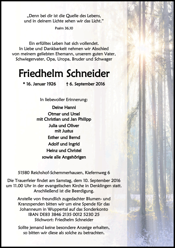  Traueranzeige für Friedhelm Schneider vom 08.09.2016 aus Kölner Stadt-Anzeiger / Kölnische Rundschau / Express