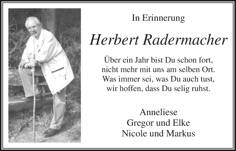  Traueranzeige für Herbert Radermacher vom 17.09.2016 aus  Bergisches Sonntagsblatt 