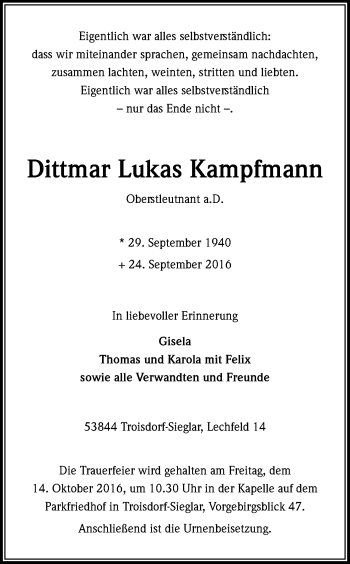Anzeige von Dittmar Lukas Kampfmann von Kölner Stadt-Anzeiger / Kölnische Rundschau / Express