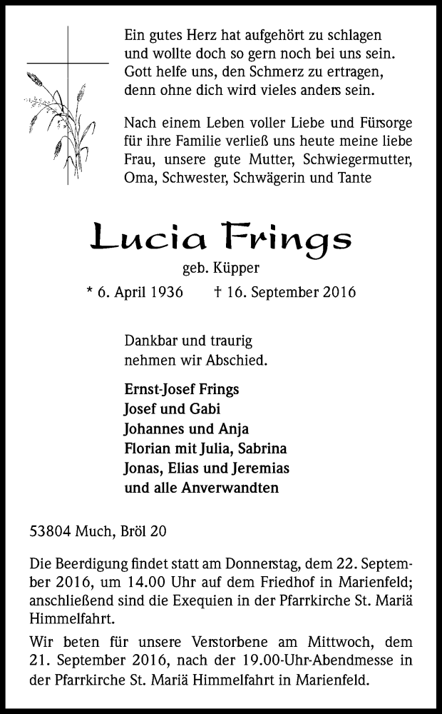  Traueranzeige für Lucia Frings vom 20.09.2016 aus Kölner Stadt-Anzeiger / Kölnische Rundschau / Express