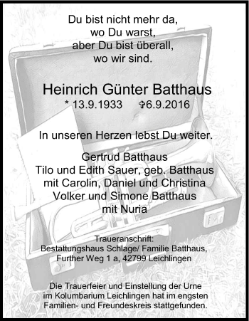 Anzeige von Heinrich Günter Batthaus von Kölner Stadt-Anzeiger / Kölnische Rundschau / Express