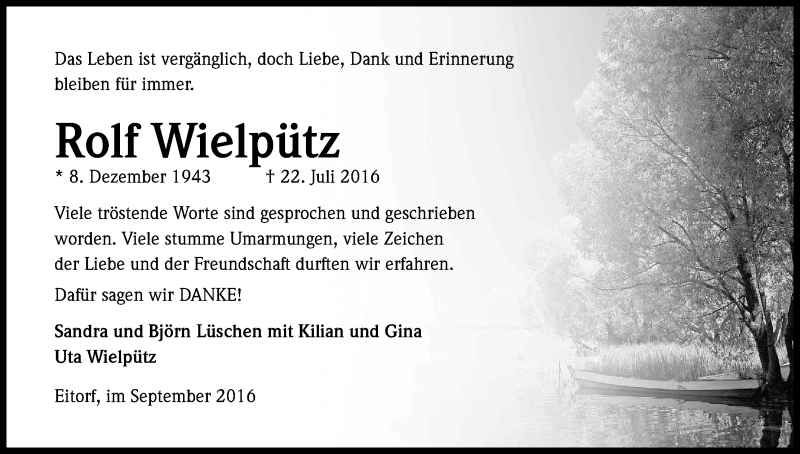  Traueranzeige für Rolf Wielpütz vom 03.09.2016 aus Kölner Stadt-Anzeiger / Kölnische Rundschau / Express