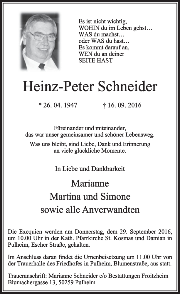  Traueranzeige für Heinz-Peter Schneider vom 24.09.2016 aus  Sonntags-Post 