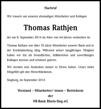 Anzeige von Thomas Rathjen von Kölner Stadt-Anzeiger / Kölnische Rundschau / Express