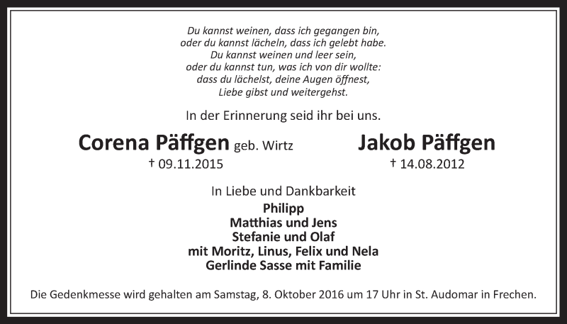  Traueranzeige für Corena/Jakob Päffingen vom 28.09.2016 aus  Wochenende 