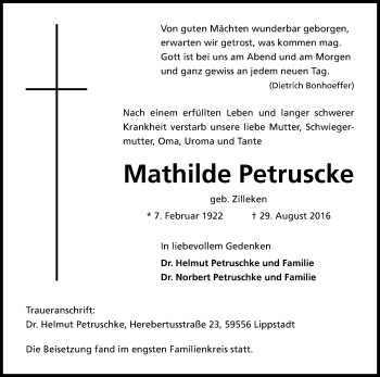 Anzeige von Mathilde Petruschke von Kölner Stadt-Anzeiger / Kölnische Rundschau / Express