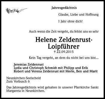 Anzeige von Helene Zeldenrust-Loipführer von Kölner Stadt-Anzeiger / Kölnische Rundschau / Express
