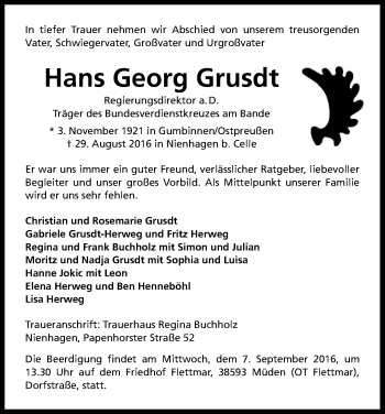 Anzeige von Hans Georg Grusdt von Kölner Stadt-Anzeiger / Kölnische Rundschau / Express