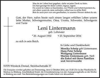 Anzeige von Leni Lintermann von  Schlossbote/Werbekurier 