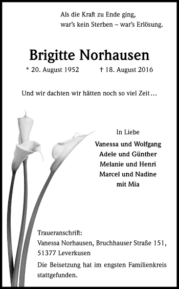 Anzeige von Brigitte Norhausen von Kölner Stadt-Anzeiger / Kölnische Rundschau / Express