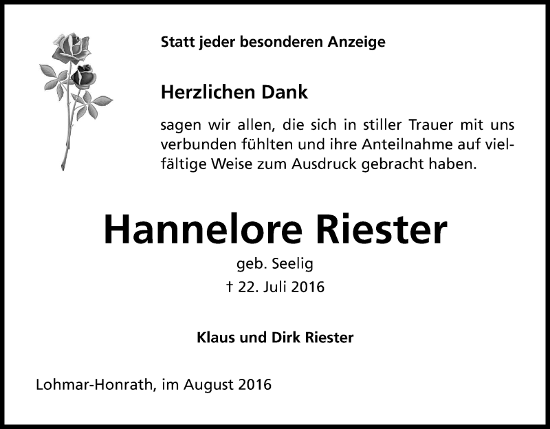  Traueranzeige für Hannelore Riester vom 03.09.2016 aus Kölner Stadt-Anzeiger / Kölnische Rundschau / Express