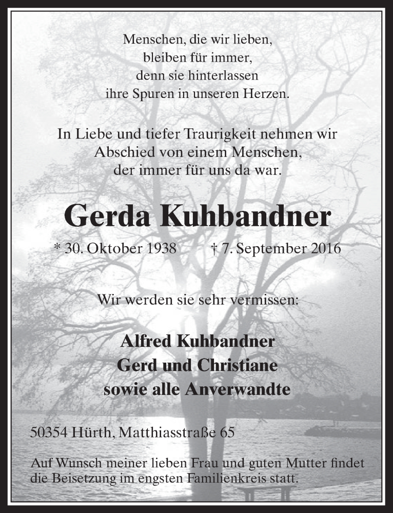  Traueranzeige für Gerda Kuhbandner vom 14.09.2016 aus  Wochenende 