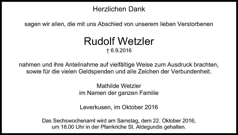  Traueranzeige für Rudolf Wetzler vom 01.10.2016 aus Kölner Stadt-Anzeiger / Kölnische Rundschau / Express