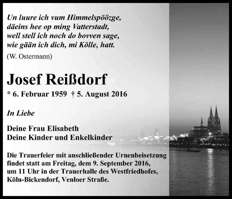  Traueranzeige für Josef Reißdorf vom 03.09.2016 aus Kölner Stadt-Anzeiger / Kölnische Rundschau / Express