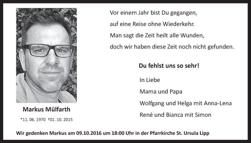  Traueranzeige für Markus Mülfarth vom 28.09.2016 aus  Werbepost 
