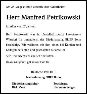 Anzeige von Manfred Petrikowski von Kölner Stadt-Anzeiger / Kölnische Rundschau / Express