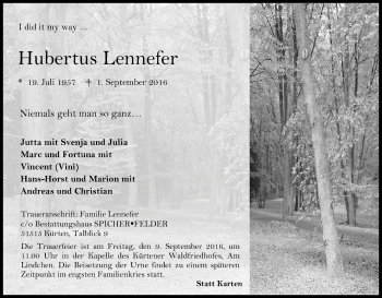 Anzeige von Hubertus Lennefer von Kölner Stadt-Anzeiger / Kölnische Rundschau / Express