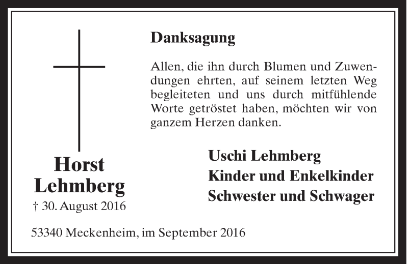  Traueranzeige für Horst Lehmberg vom 28.09.2016 aus  Schaufenster/Blickpunkt 