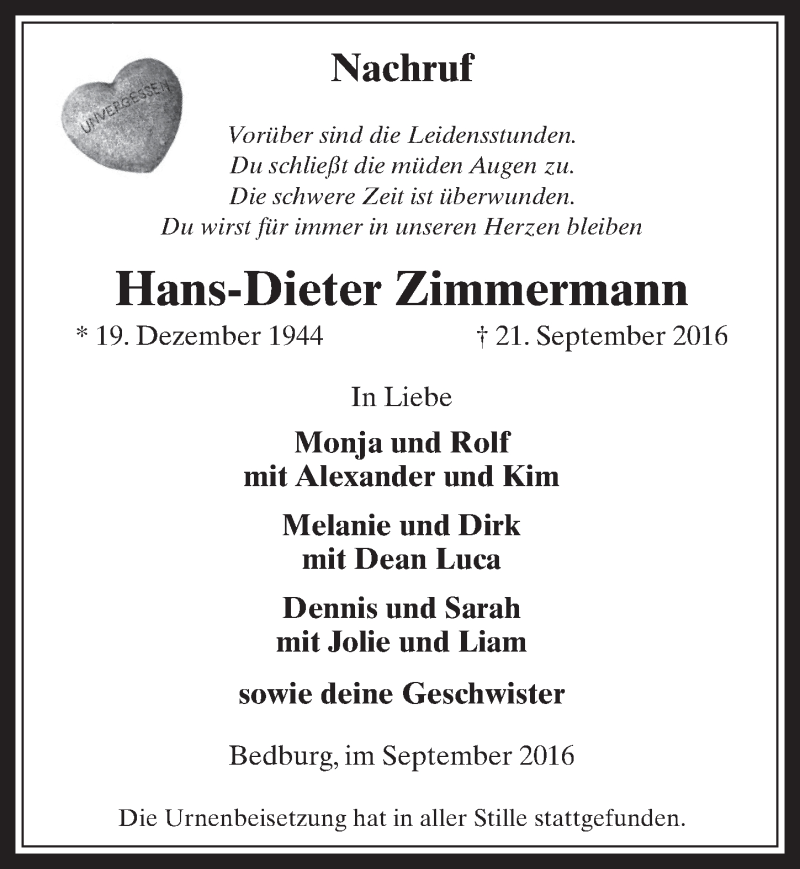  Traueranzeige für Hans-Dieter Zimmermann vom 28.09.2016 aus  Werbepost 