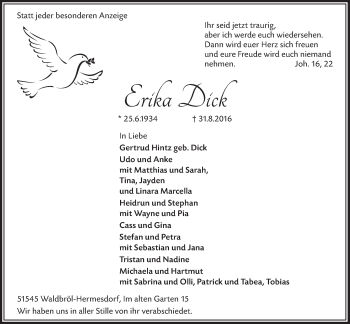 Anzeige von Erika Dick von  Lokalanzeiger 