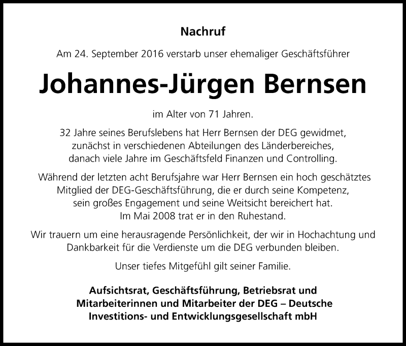  Traueranzeige für Johannes-Jürgen Bernsen vom 01.10.2016 aus Kölner Stadt-Anzeiger / Kölnische Rundschau / Express