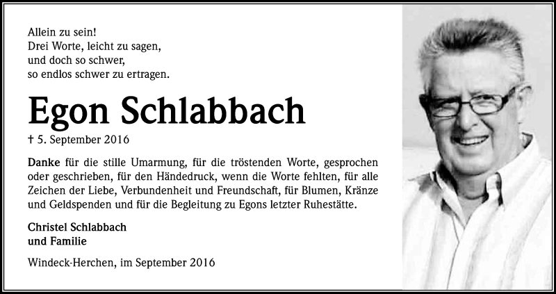  Traueranzeige für Egon Schlabbach vom 24.09.2016 aus Kölner Stadt-Anzeiger / Kölnische Rundschau / Express