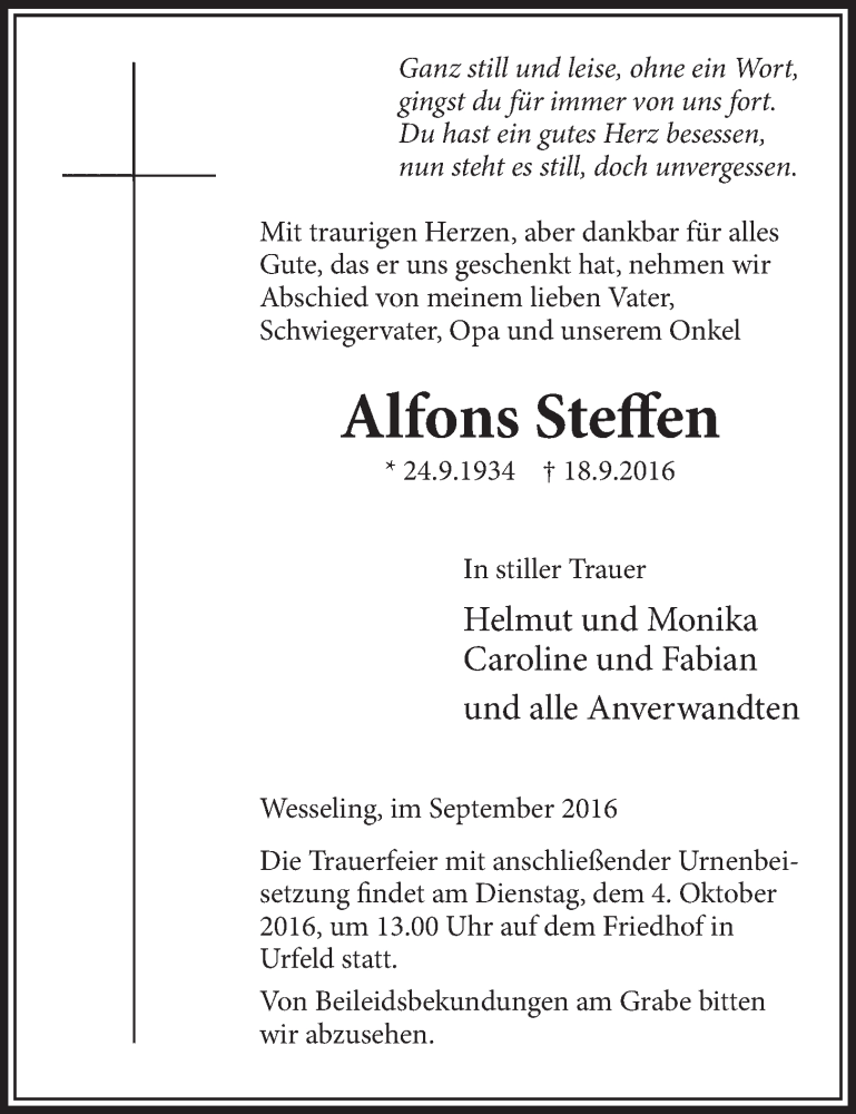  Traueranzeige für Alfons Steffen vom 28.09.2016 aus  Schlossbote/Werbekurier 