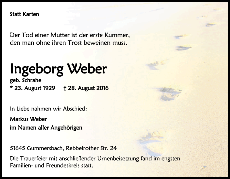  Traueranzeige für Ingeborg Weber vom 03.09.2016 aus Kölner Stadt-Anzeiger / Kölnische Rundschau / Express
