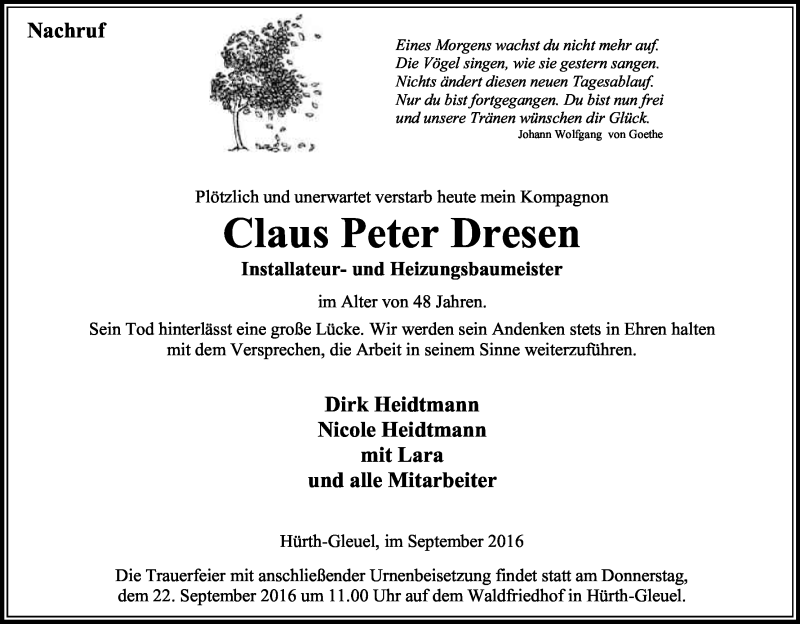  Traueranzeige für Claus Peter Dresen vom 19.09.2016 aus Kölner Stadt-Anzeiger / Kölnische Rundschau / Express