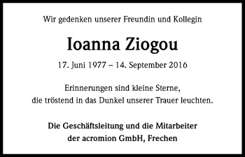 Anzeige von Ioanna Ziogou von Kölner Stadt-Anzeiger / Kölnische Rundschau / Express