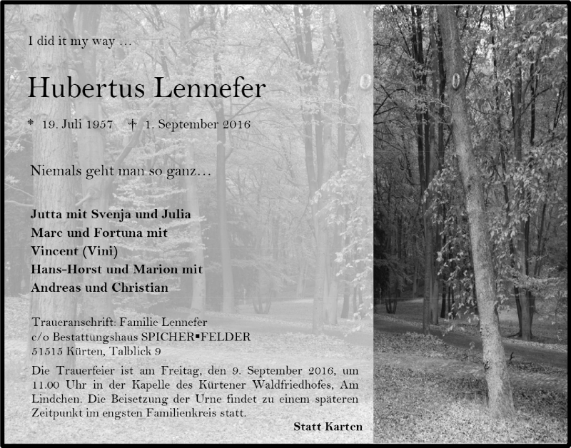  Traueranzeige für Hubertus Lennefer vom 07.09.2016 aus  Bergisches Handelsblatt 