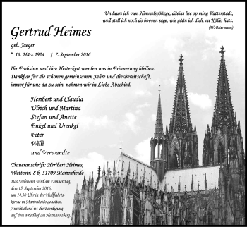 Anzeige von Gertrud Heimes von Kölner Stadt-Anzeiger / Kölnische Rundschau / Express